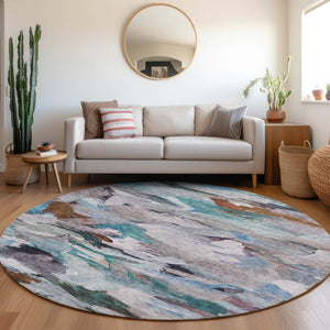 Homeroots 3' Beige Green Brown Abstract Washable Area Rug - Perfect For Indoor And Outdoor Spaces, Durable Design 8' Round Polyester 603121