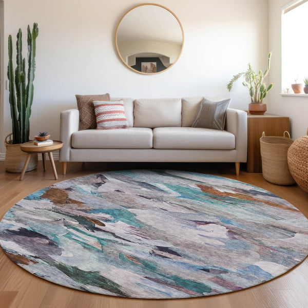 Homeroots 3' Beige Green Brown Abstract Washable Area Rug - Perfect For Indoor And Outdoor Spaces, Durable Design 8' Round Polyester 603121