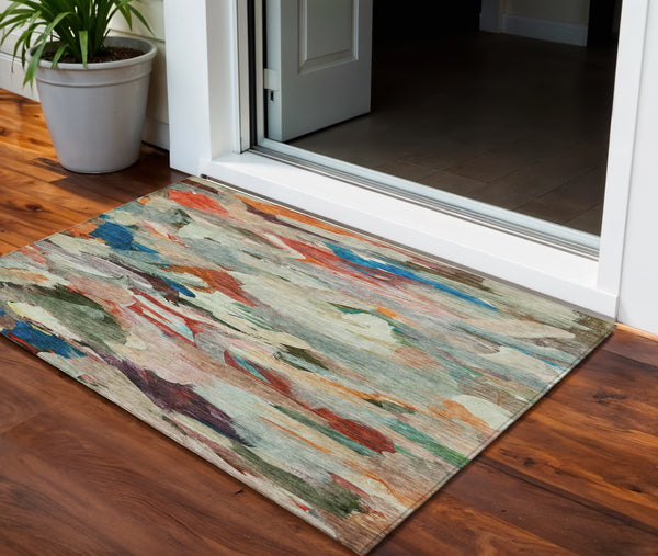 Homeroots 3' Beige Green Brown Abstract Washable Area Rug - Perfect For Indoor And Outdoor Spaces, Durable Design 3' X 5' Polyester 603125