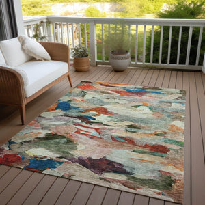 Homeroots 3' Beige Green Brown Abstract Washable Area Rug - Perfect For Indoor And Outdoor Spaces, Durable Design 3' X 5' Polyester 603125