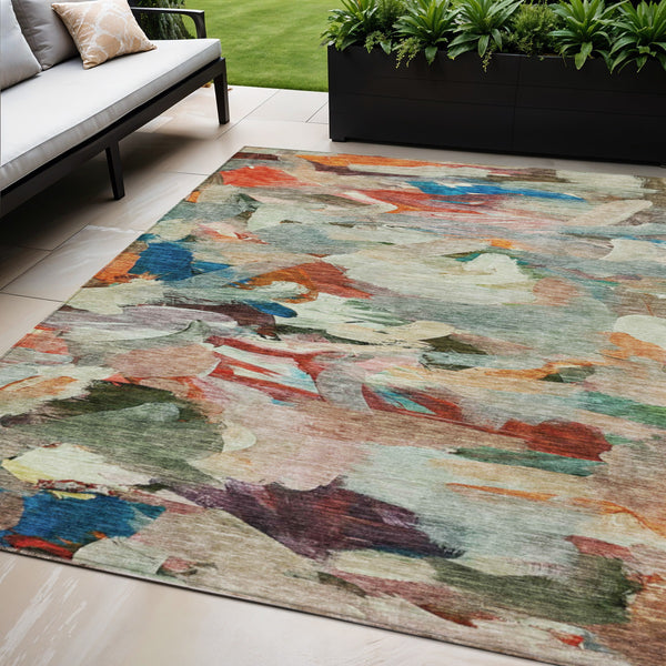 Homeroots 3' Beige Green Brown Abstract Washable Area Rug - Perfect For Indoor And Outdoor Spaces, Durable Design 5' X 8' Polyester 603126