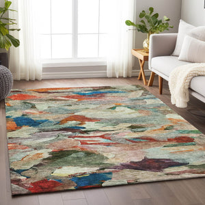 Homeroots 3' Beige Green Brown Abstract Washable Area Rug - Perfect For Indoor And Outdoor Spaces, Durable Design 5' X 8' Polyester 603126