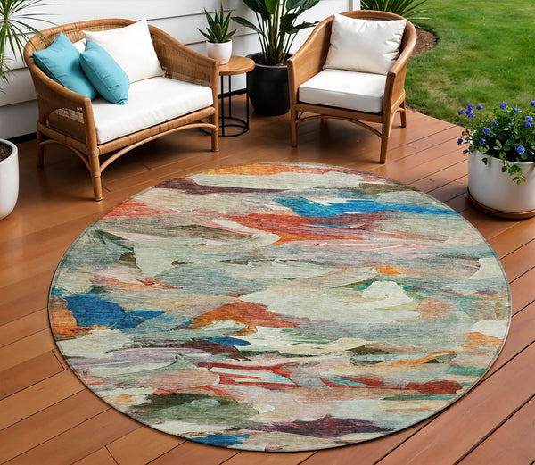 Homeroots 3' Beige Green Brown Abstract Washable Area Rug - Perfect For Indoor And Outdoor Spaces, Durable Design 8' Round Polyester 603127