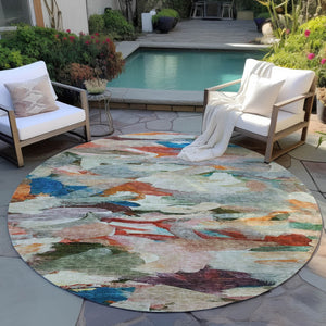 Homeroots 3' Beige Green Brown Abstract Washable Area Rug - Perfect For Indoor And Outdoor Spaces, Durable Design 8' Round Polyester 603127