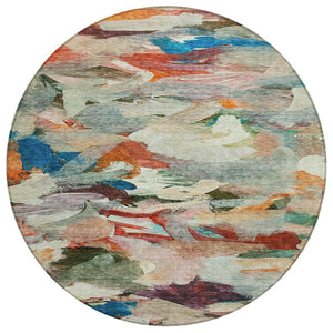 HomeRoots 5' Abstract Area Rug in Green, Teal, Blue & Terra Cotta - Durable, Washable, Indoor/Outdoor Style 8' Round 603127