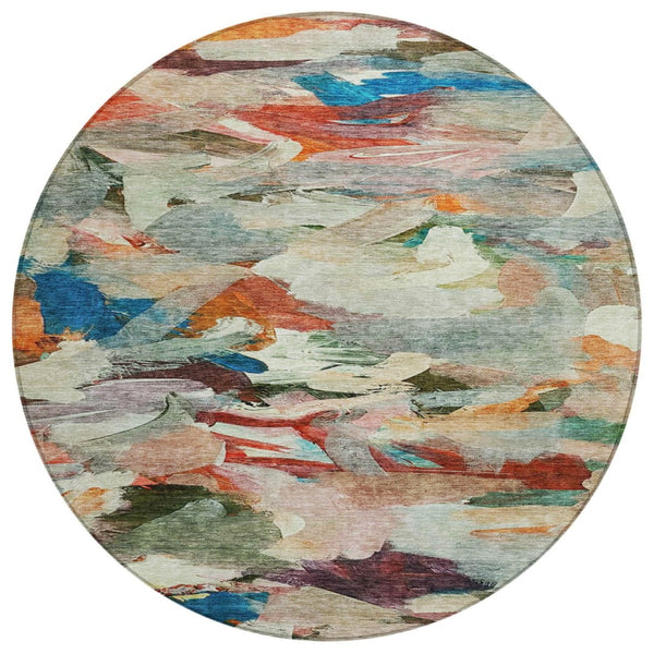 HomeRoots 5' Abstract Area Rug in Green, Teal, Blue & Terra Cotta - Durable, Washable, Indoor/Outdoor Style 8' Round 603127