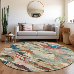 Homeroots 3' Beige Green Brown Abstract Washable Area Rug - Perfect For Indoor And Outdoor Spaces, Durable Design 8' Round Polyester 603127
