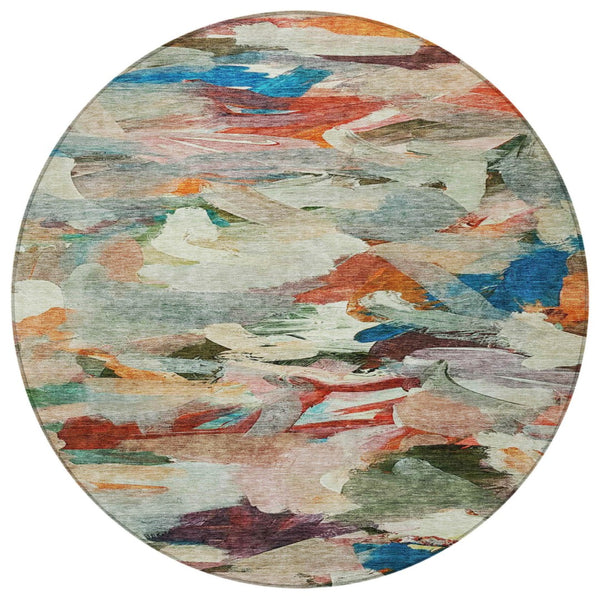 Homeroots 3' Beige Green Brown Abstract Washable Area Rug - Perfect For Indoor And Outdoor Spaces, Durable Design 8' Round Polyester 603127