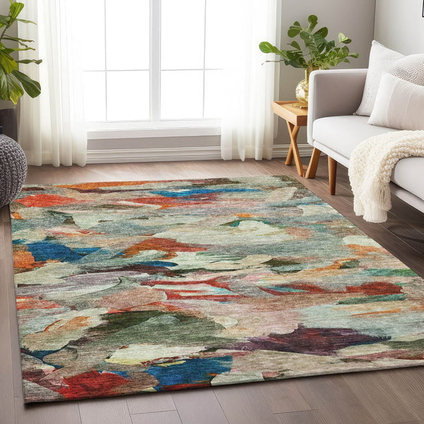 Homeroots 3' Beige Green Brown Abstract Washable Area Rug - Perfect For Indoor And Outdoor Spaces, Durable Design 9' X 12' Polyester 603129