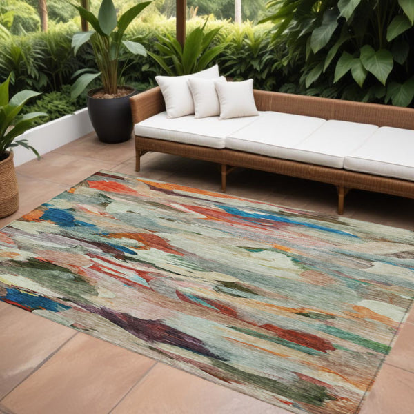 Homeroots 3' Beige Green Brown Abstract Washable Area Rug - Perfect For Indoor And Outdoor Spaces, Durable Design 10' X 14' Polyester 603130