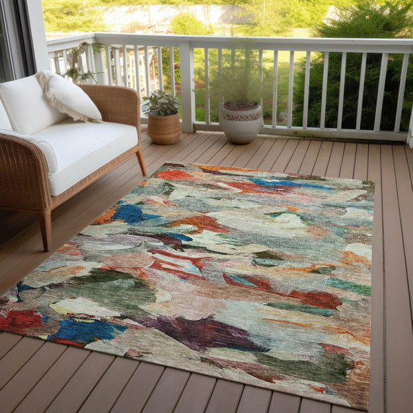 Homeroots 3' Beige Green Brown Abstract Washable Area Rug - Perfect For Indoor And Outdoor Spaces, Durable Design 10' X 14' Polyester 603130