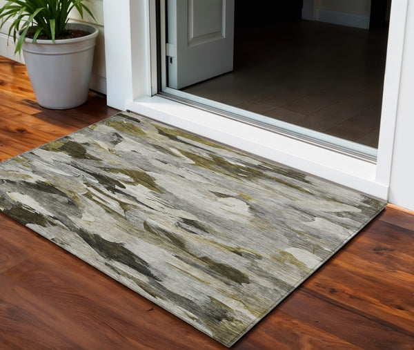 Homeroots 3' Beige Green Brown Abstract Washable Area Rug - Perfect For Indoor And Outdoor Spaces, Durable Design 3' X 5' Polyester 603131