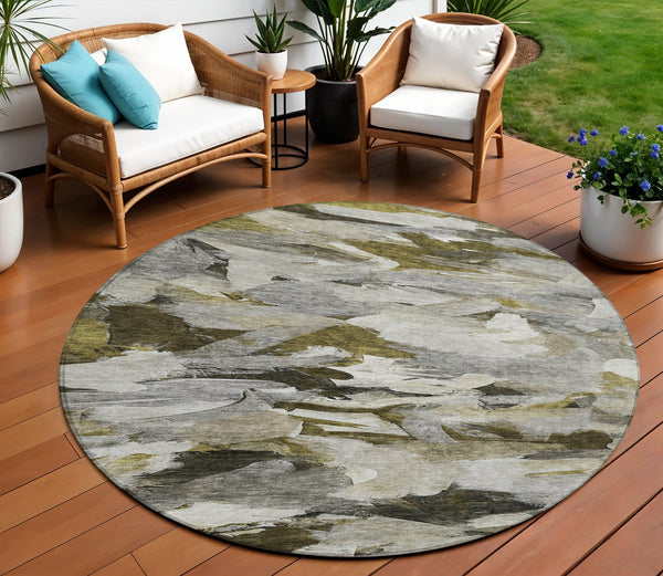 Homeroots 3' Beige Green Brown Abstract Washable Area Rug - Perfect For Indoor And Outdoor Spaces, Durable Design 8' Round Polyester 603133