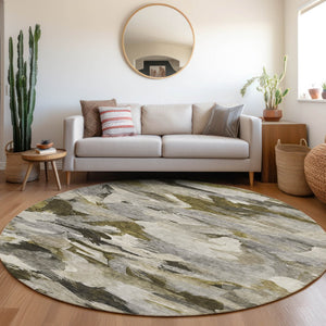 Homeroots 3' Beige Green Brown Abstract Washable Area Rug - Perfect For Indoor And Outdoor Spaces, Durable Design 8' Round Polyester 603133