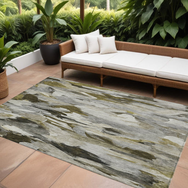 Homeroots 3' Beige Green Brown Abstract Washable Area Rug - Perfect For Indoor And Outdoor Spaces, Durable Design 10' X 14' Polyester 603136