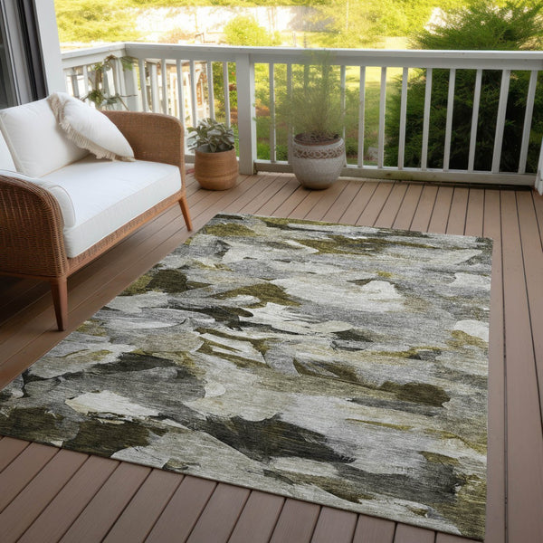 Homeroots 3' Beige Green Brown Abstract Washable Area Rug - Perfect For Indoor And Outdoor Spaces, Durable Design 10' X 14' Polyester 603136