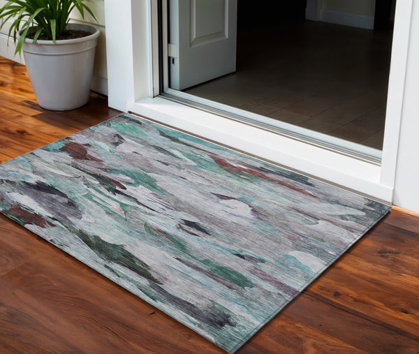 Homeroots 3' Beige Green Brown Abstract Washable Area Rug - Perfect For Indoor And Outdoor Spaces, Durable Design 3' X 5' Polyester 603137