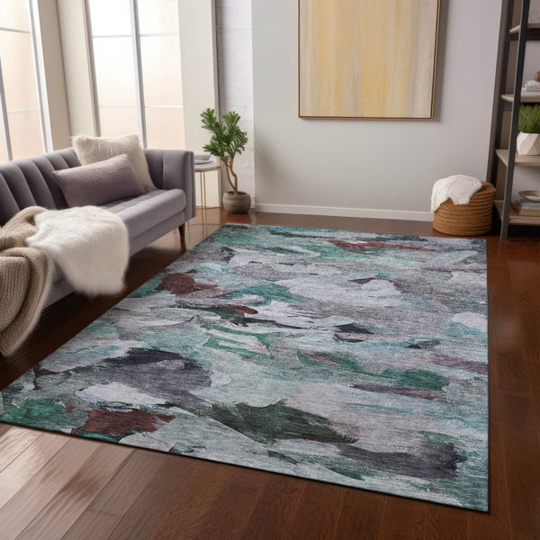 Homeroots 3' Beige Green Brown Abstract Washable Area Rug - Perfect For Indoor And Outdoor Spaces, Durable Design 3' X 5' Polyester 603137