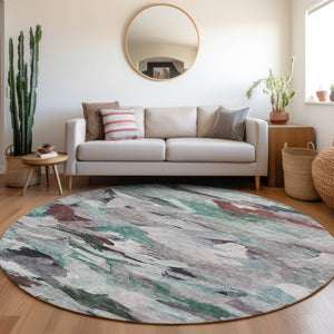 Homeroots 3' Beige Green Brown Abstract Washable Area Rug - Perfect For Indoor And Outdoor Spaces, Durable Design 8' Round Polyester 603139