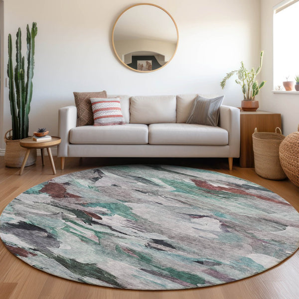 Homeroots 3' Beige Green Brown Abstract Washable Area Rug - Perfect For Indoor And Outdoor Spaces, Durable Design 8' Round Polyester 603139