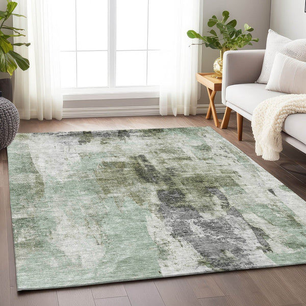 Homeroots 3' Stylish Mint Green And Gray Abstract Washable Area Rug For Indoor And Outdoor Spaces 8' X 10' Polyester 603146