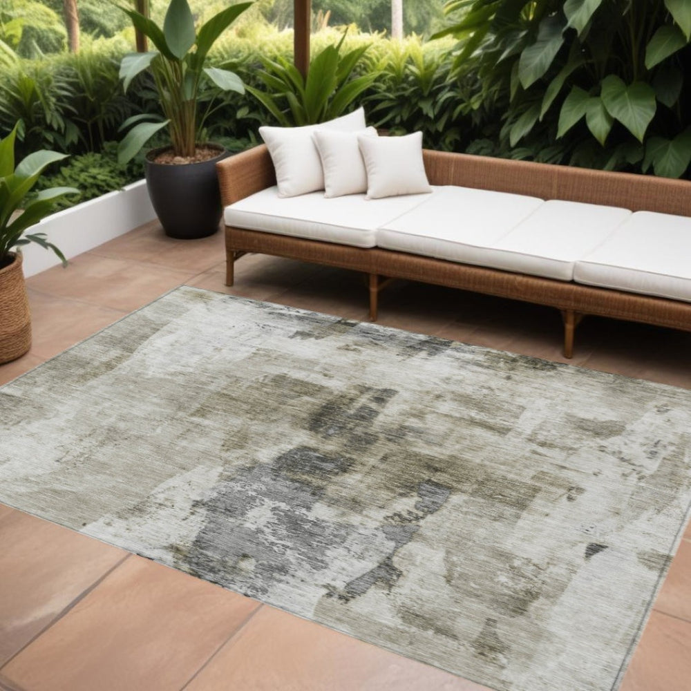HomeRoots 5' Abstract Taupe and Ivory Area Rug - Stylish, Washable Design for Indoor and Outdoor Spaces 10' X 14' 603154