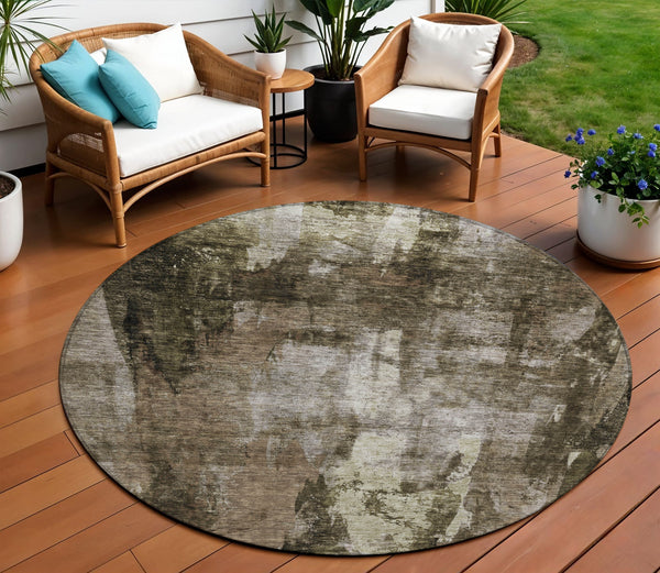 Homeroots 3' Stylish Brown Black And Beige Abstract Washable Area Rug For Indoor And Outdoor Spaces 8' Round Polyester 603157