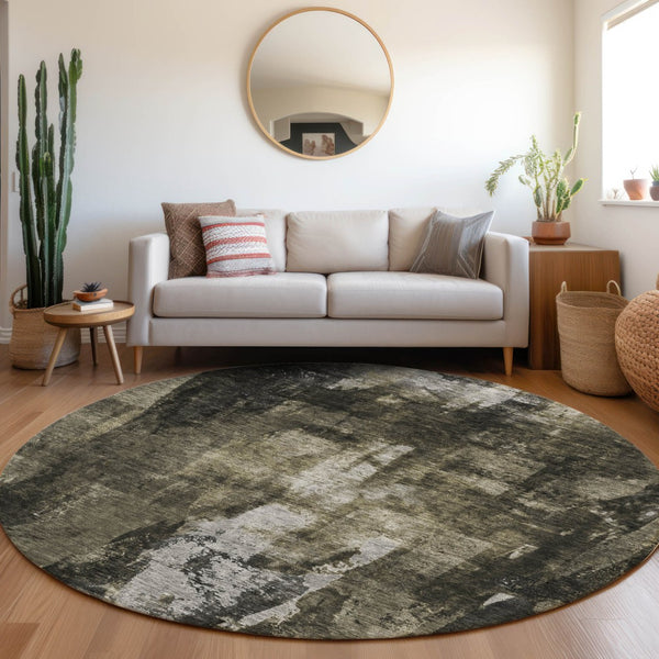 Homeroots 3' Stylish Brown Black And Beige Abstract Washable Area Rug For Indoor And Outdoor Spaces 8' Round Polyester 603163
