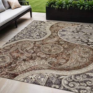 Homeroots 3' Brown Beige Tan Floral Medallion Washable Area Rug For Indoor Outdoor Spaces, Durable & Stylish 5' X 8' Polyester 603174