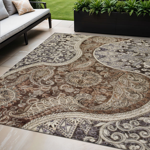Homeroots 3' Brown Beige Tan Floral Medallion Washable Area Rug For Indoor Outdoor Spaces, Durable & Stylish 5' X 8' Polyester 603174