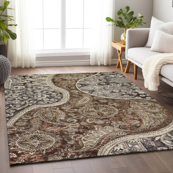 Homeroots 3' Brown Beige Tan Floral Medallion Washable Area Rug For Indoor Outdoor Spaces, Durable & Stylish 5' X 8' Polyester 603174