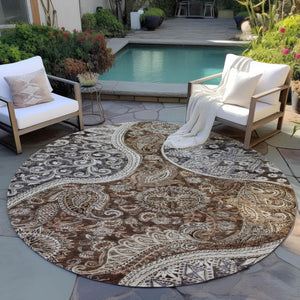 Homeroots 3' Brown Beige Tan Floral Medallion Washable Area Rug For Indoor Outdoor Spaces, Durable & Stylish 8' Round Polyester 603175