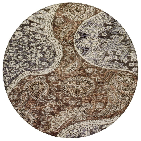 HomeRoots 5' Elegant Brown Beige Tan Floral Medallion Area Rug - Durable, Washable for Indoor & Outdoor Use 8' Round 603175