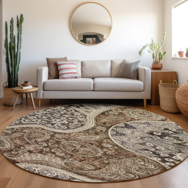 Homeroots 3' Brown Beige Tan Floral Medallion Washable Area Rug For Indoor Outdoor Spaces, Durable & Stylish 8' Round Polyester 603175