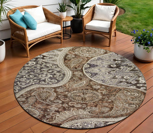 Homeroots 3' Brown Beige Tan Floral Medallion Washable Area Rug For Indoor Outdoor Spaces, Durable & Stylish 8' Round Polyester 603175