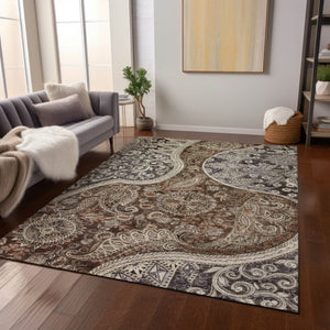 Homeroots 3' Brown Beige Tan Floral Medallion Washable Area Rug For Indoor Outdoor Spaces, Durable & Stylish 9' X 12' Polyester 603177