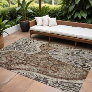 Homeroots 3' Brown Beige Tan Floral Medallion Washable Area Rug For Indoor Outdoor Spaces, Durable & Stylish 10' X 14' Polyester 603178