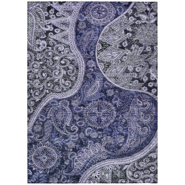 HomeRoots 5' Elegant Floral Medallion Washable Area Rug in Navy, Gray & Green for Indoor & Outdoor Use 5' X 8' 603180