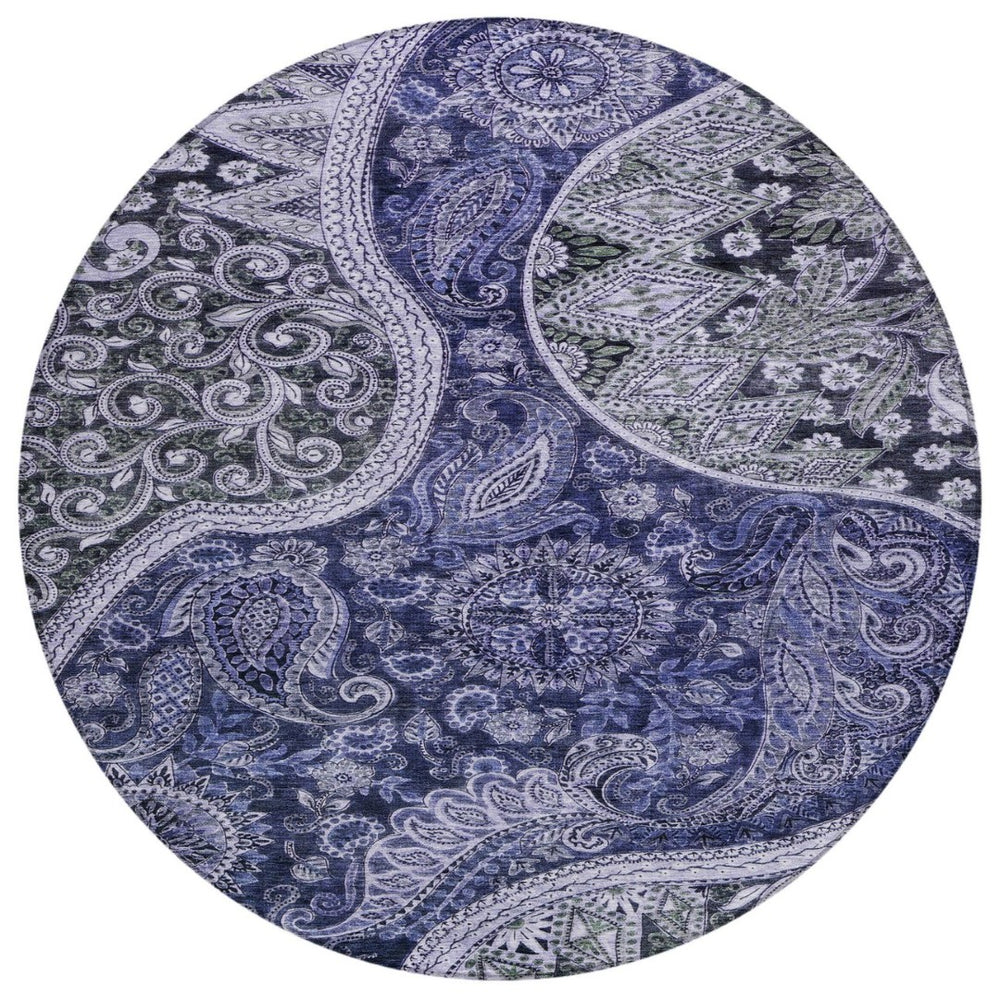 HomeRoots 5' Elegant Floral Medallion Washable Area Rug in Navy, Gray & Green for Indoor & Outdoor Use 8' Round 603181