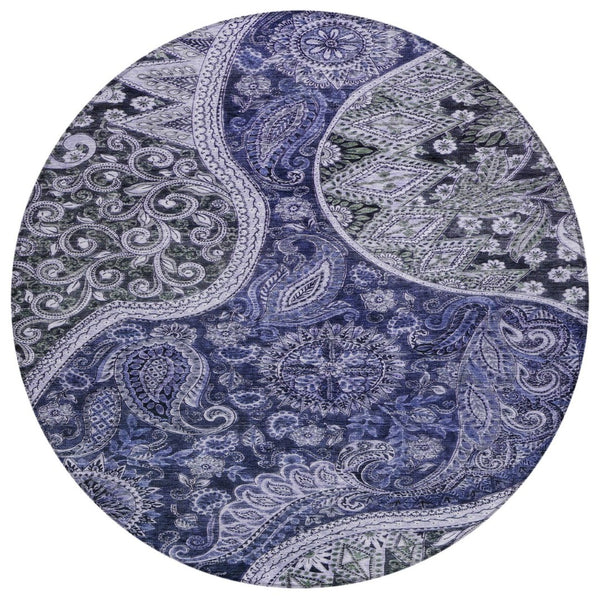 HomeRoots 5' Elegant Floral Medallion Washable Area Rug in Navy, Gray & Green for Indoor & Outdoor Use 8' Round 603181