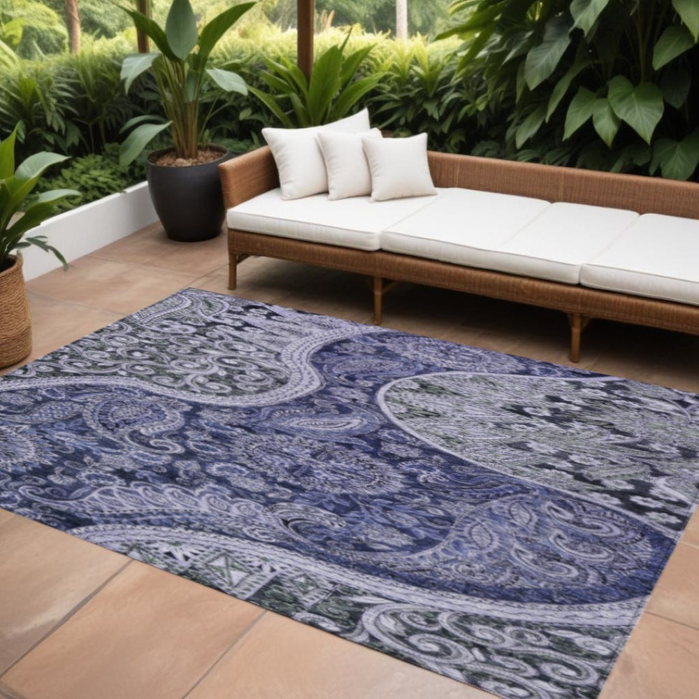 HomeRoots 9' X 12' Floral Medallion Area Rug - Navy Blue, Gray & Green, Washable for Indoor/Outdoor Spaces 603183