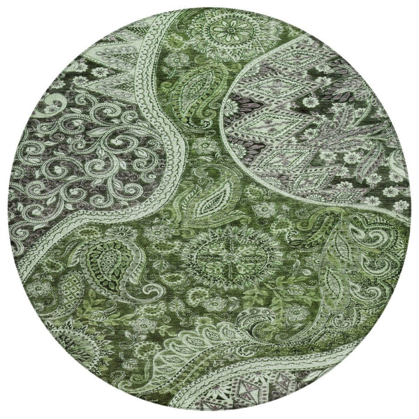 HomeRoots 5' Floral Medallion Area Rug in Olive Green, Charcoal & Gray - Machine Washable for Indoor & Outdoor Use 8' Round 603187