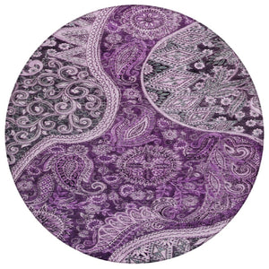 HomeRoots 5' Elegant Floral Medallion Area Rug in Purple Charcoal - Washable, Durable for Indoor & Outdoor Use 8' Round 603193