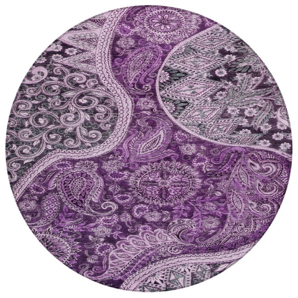 HomeRoots 5' Elegant Floral Medallion Area Rug in Purple Charcoal - Washable, Durable for Indoor & Outdoor Use 8' Round 603193