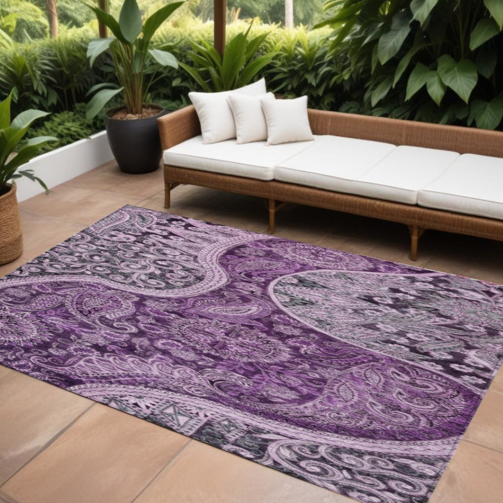 HomeRoots 9' X 12' Purple & Charcoal Floral Medallion Rug - Durable, Washable for Indoor & Outdoor Spaces 603195