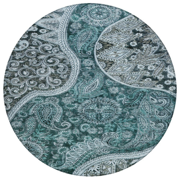 HomeRoots 5' Vibrant Teal Blue and Dark Green Floral Medallion Indoor Outdoor Rug - Durable, Washable, Stylish 8' Round 603199