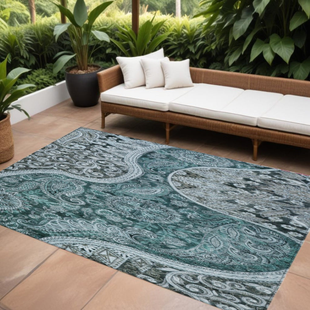 HomeRoots 9' X 12' Teal Blue & Dark Green Floral Medallion Rug – Durable, Washable, Perfect for Indoor & Outdoor! 603201