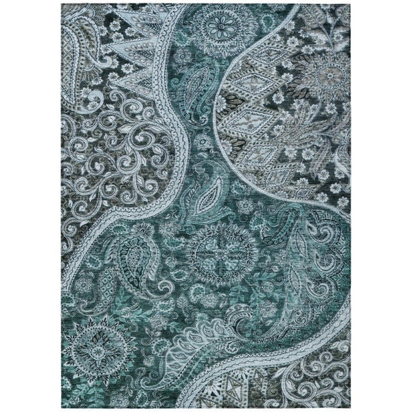 HomeRoots 5' Vibrant Teal Blue and Dark Green Floral Medallion Indoor Outdoor Rug - Durable, Washable, Stylish 10' X 14' 603202