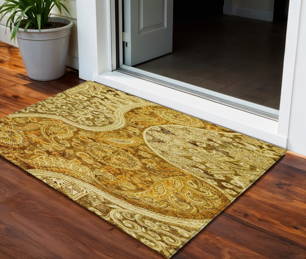 Homeroots 3' Brown Beige Tan Floral Medallion Washable Area Rug For Indoor Outdoor Spaces, Durable & Stylish 3' X 5' Polyester 603203