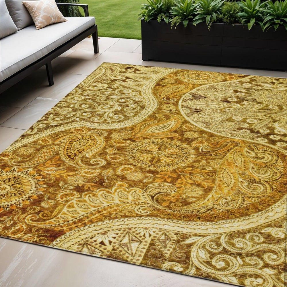 HomeRoots 5' Terra Cotta Brown & Gold Floral Medallion Rug - Stylish, Washable, Indoor/Outdoor Versatile Decor 5' X 8' 603204